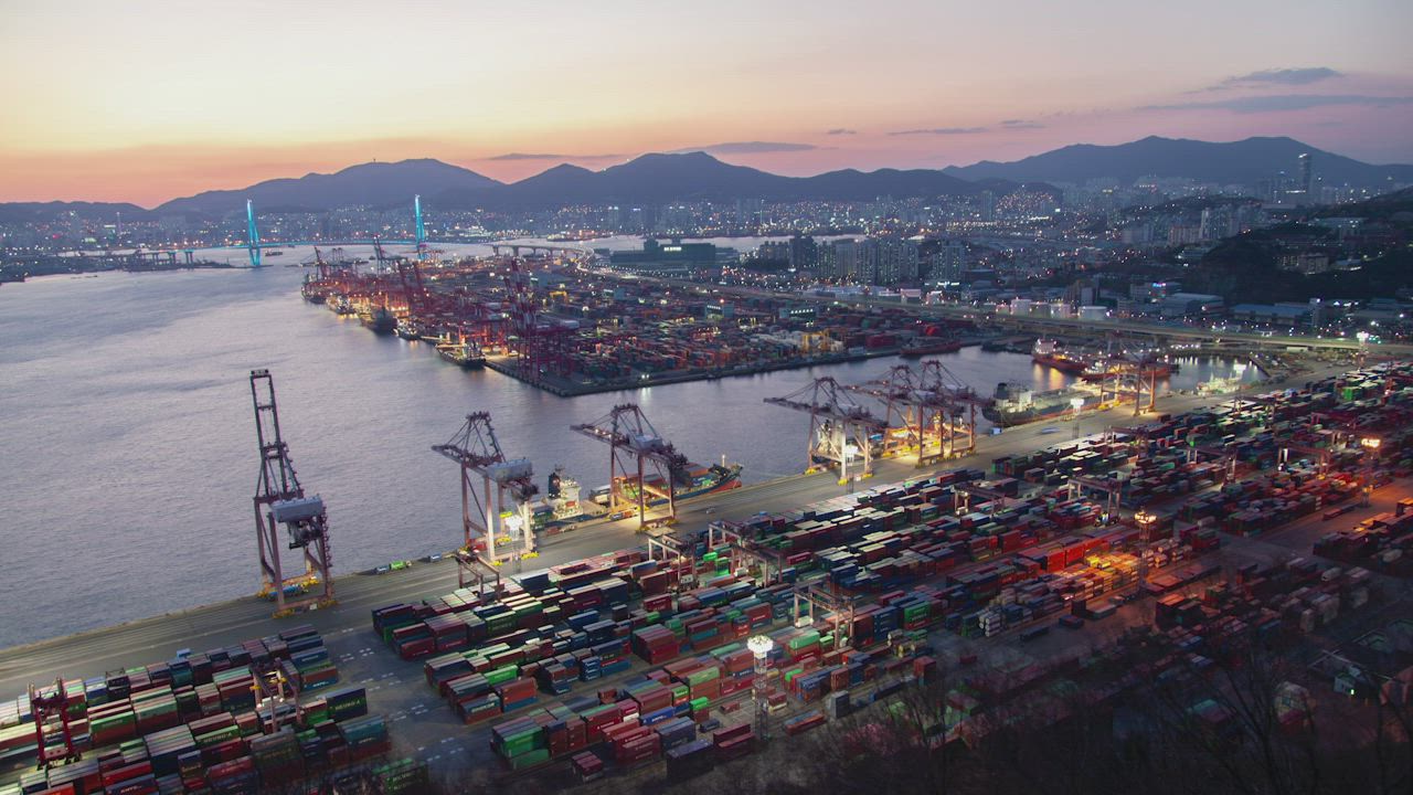 Container port at dusk