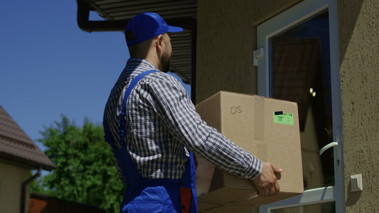A delivery courier handing a package to a woman at her front door